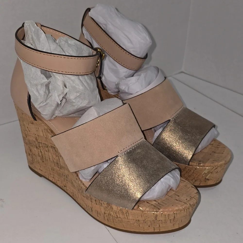 Coach Isla Metallic Wedge Leather & Cork Dusty Gold Beechwood Womens Size 11 NWT